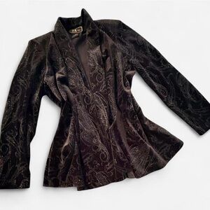 R&K Black Paisley Velvet Jacket with Silver Sparkly Accents, Size 10